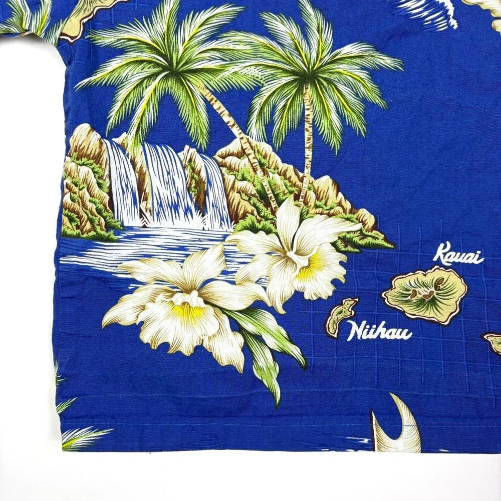 VTG 90s‎ Ky's Hawaiian Shirt Kids Sz 4 Blue Floral Palm Trees Islands Wa'a Boat